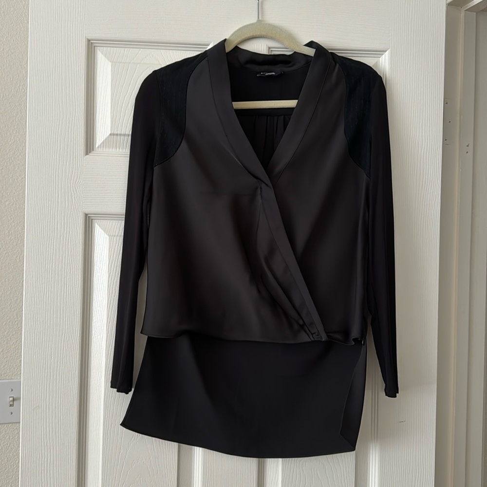 Bebe black long sleeve blouse with suede details